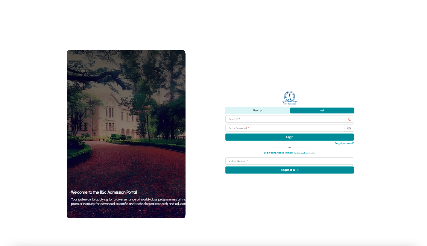 IISc Admissions Portal login page
